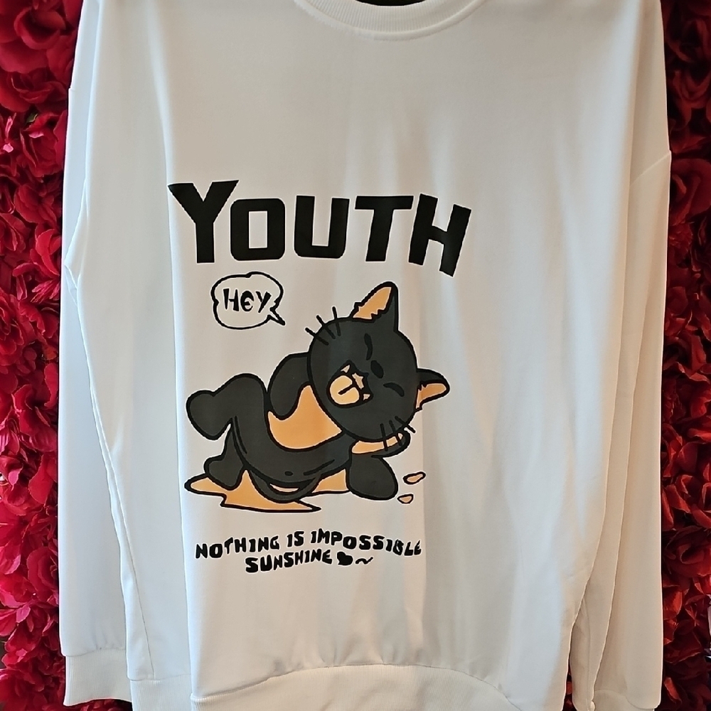 Shein Womens White Cat Graphic Sweatshirt Size Xlarge NEW